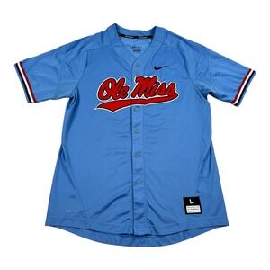 Ole Miss Rebels Baseball Jersey Mens Medium Blue NCAA Nike Dri Fit Button Front